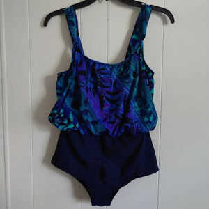 Sirena Signatures Sz 18 Navy Floral Print One Piece Swimsuit Vintage Made in USA